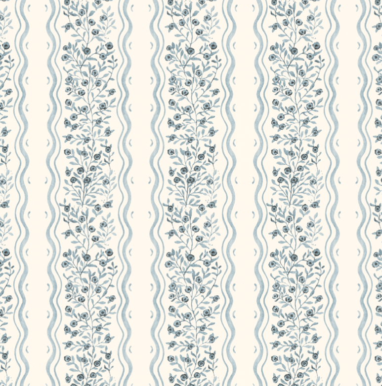 Jovy Floral Wallpaper in Blue and Cream - Traditional Wall Art