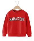 Mama's Boy varsity graphic shirt for kids, available as a tee or sweatshirt in red, grey, or white.