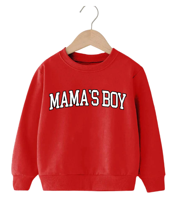 Mama's Boy varsity graphic shirt for kids, available as a tee or sweatshirt in red, grey, or white.