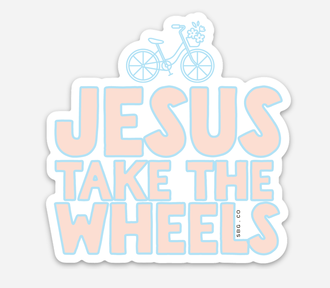 Jesus Take the Wheels preppy sticker in light blue and pale peach for journals and laptops