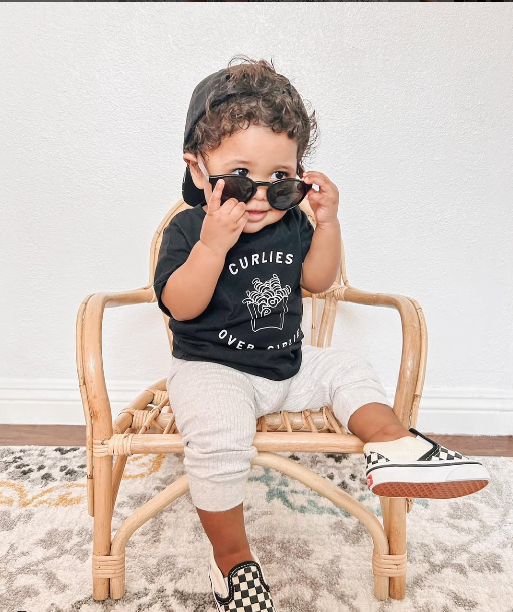 Unisex cream cotton crew neck tee with Curlies Over Girlies graphic text