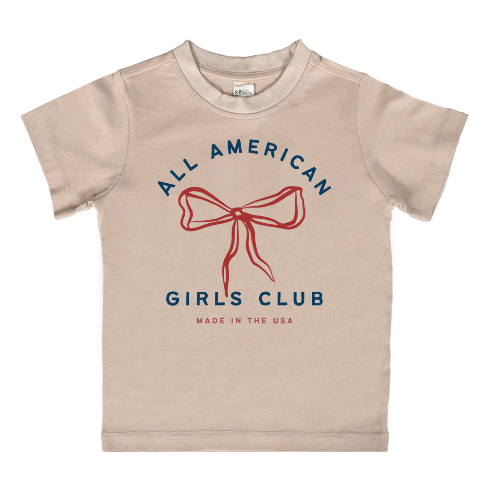 A soft cotton unisex kids t-shirt featuring the All American Girls Club graphic print