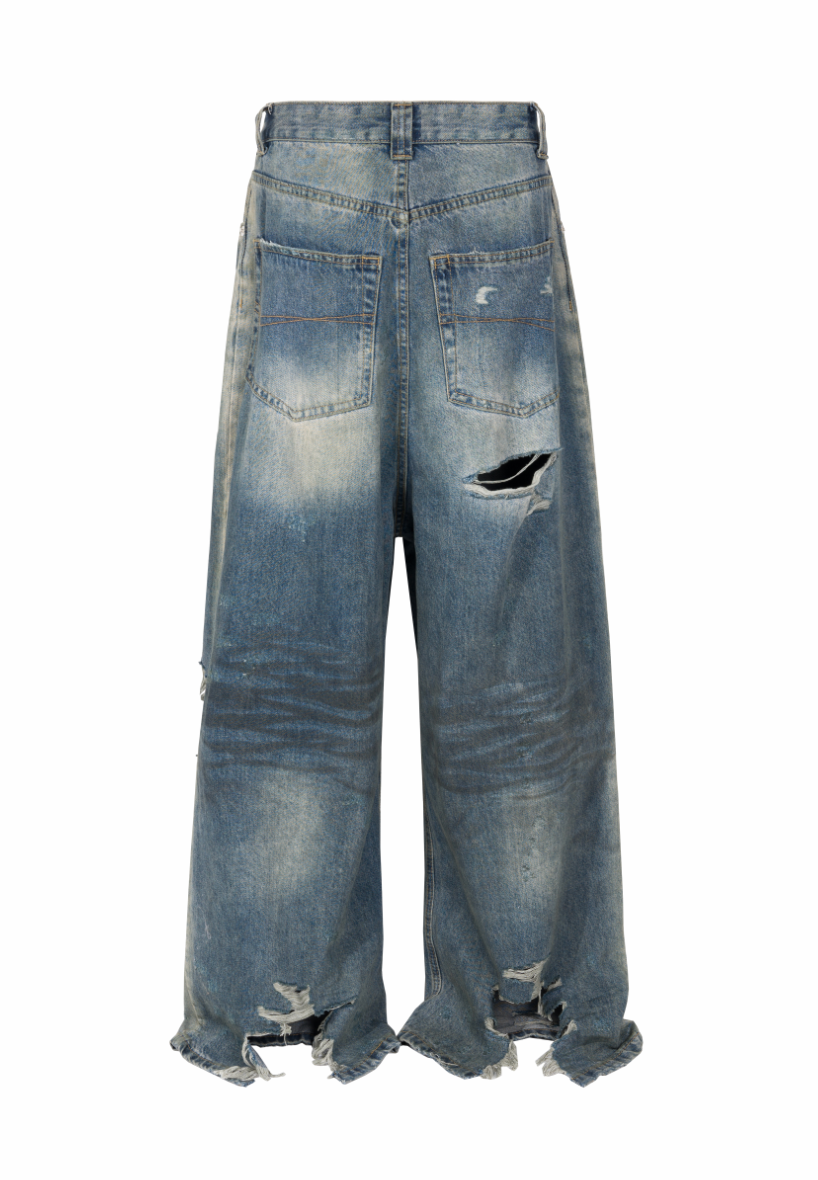 Wideboy Destroyed Denim Jeans in Dirt Wash Blue