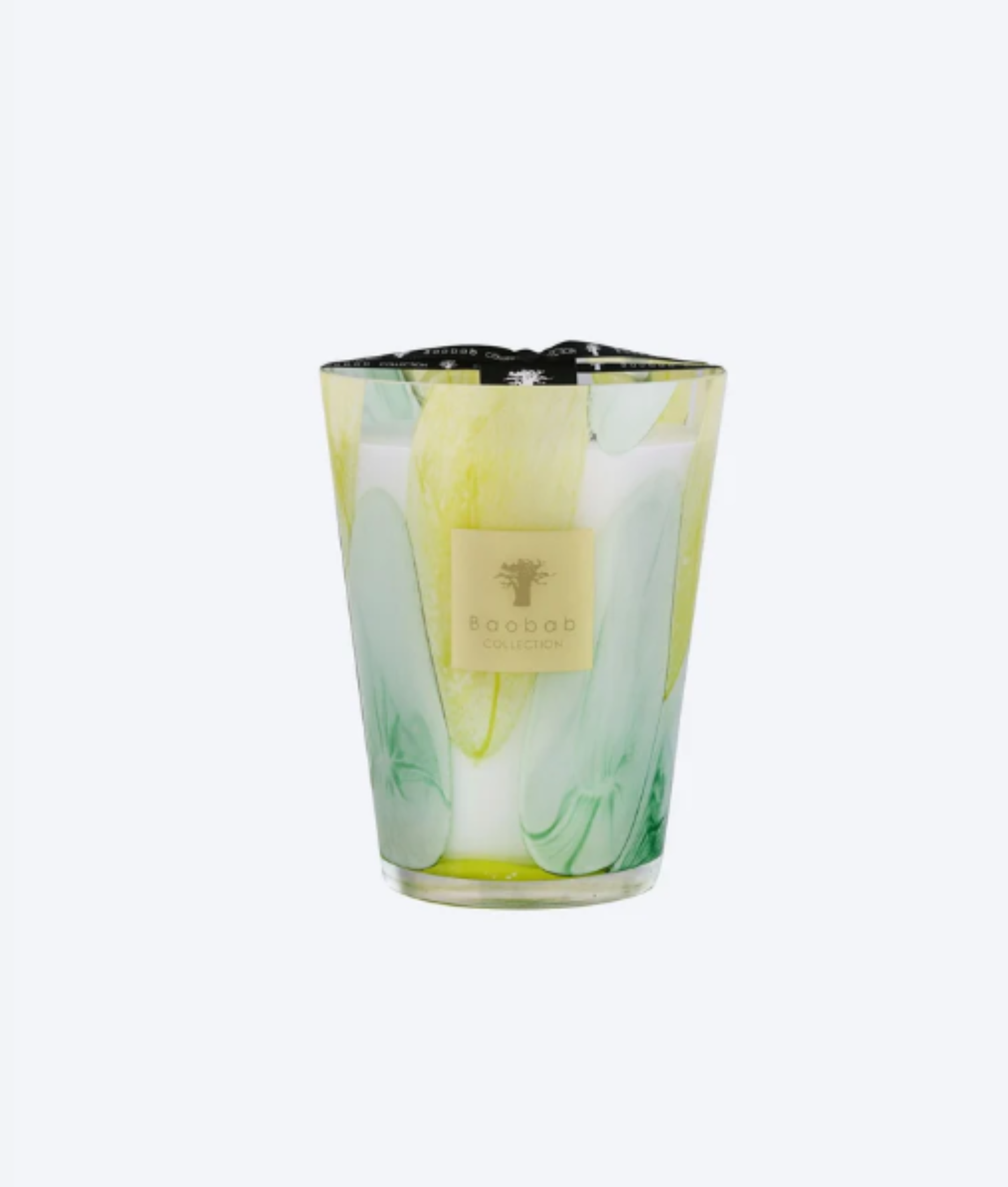 Baobab Collection Santo Sospir Max 24 candle in a hand-blown glass vessel with tangy yellow and green organic patterns.