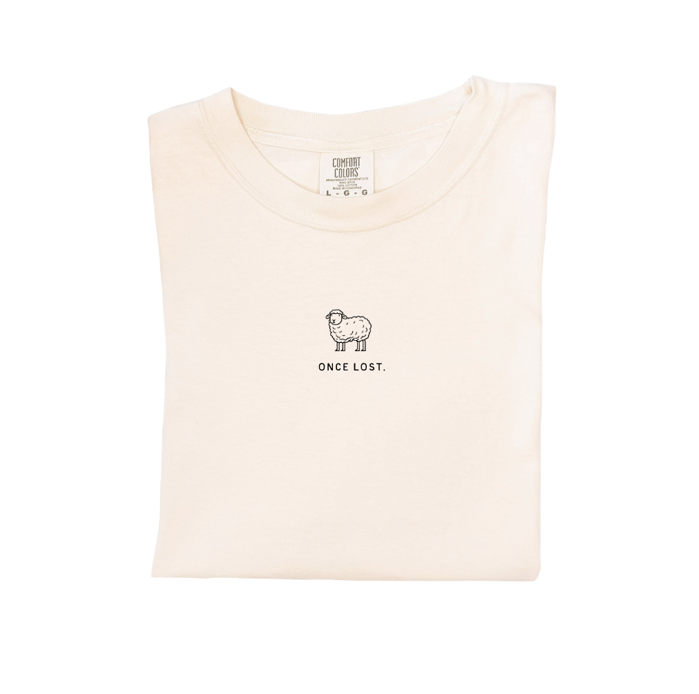 Once Lost Tee featuring scripture-inspired graphic in Black or Natural fabric