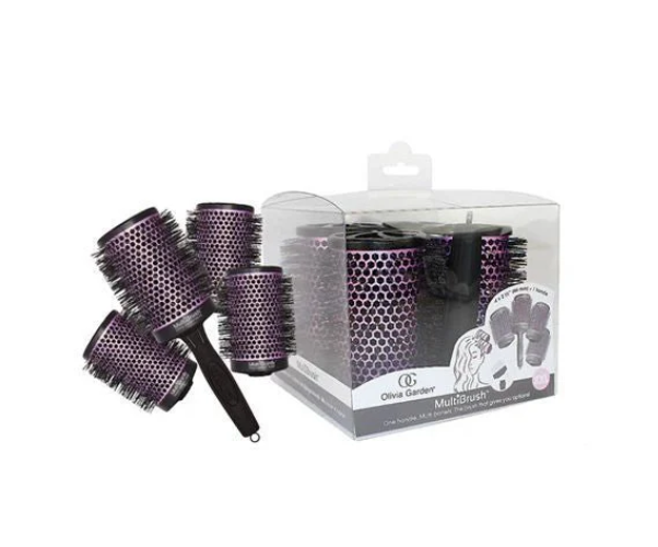 Olivia Garden MultiBrush 5 Piece Set featuring an ergonomic handle and four interchangeable ceramic-coated barrels.
