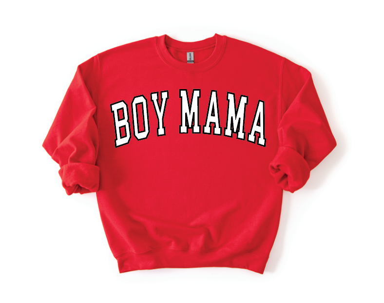 Boy Mama Varsity Outline pullover in red and grey for women