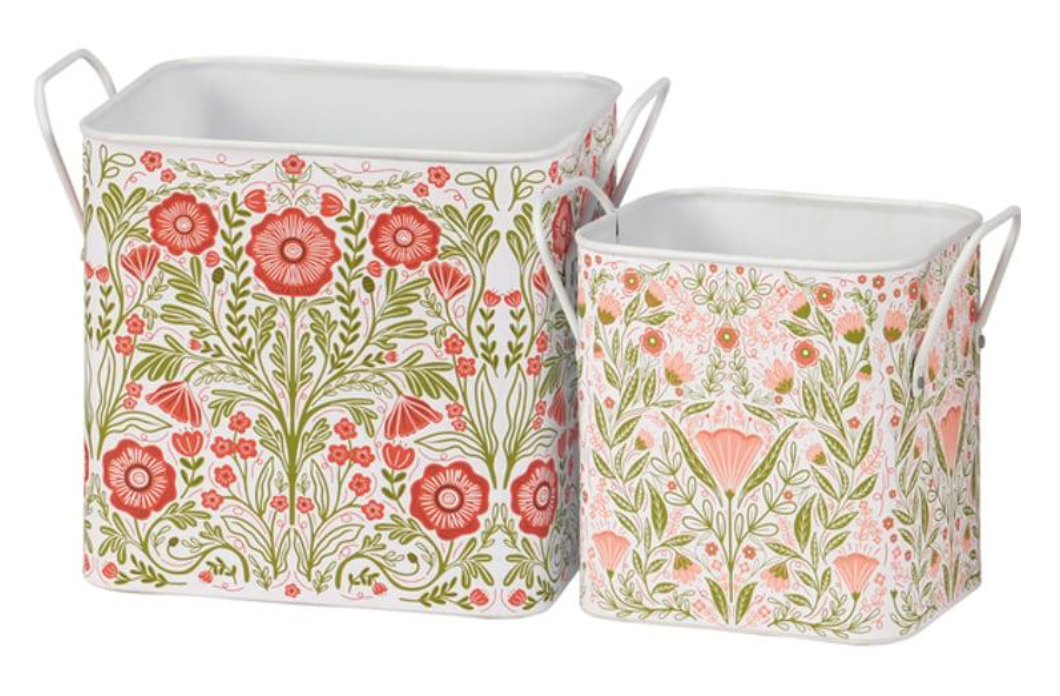 Botanical Folk Art Metal Storage Bin (Assorted Sizes)