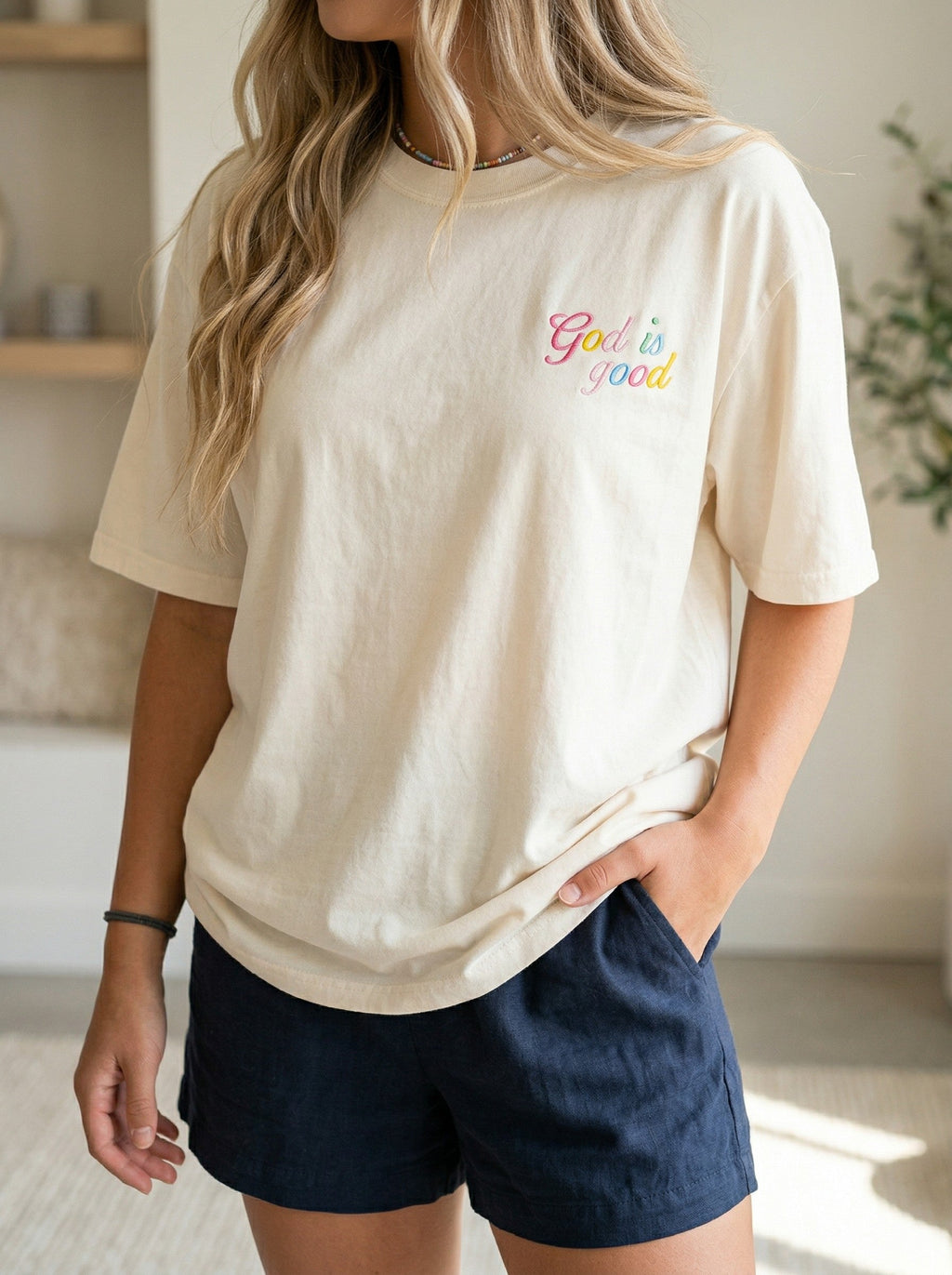 Rainbow God Is Good Embroidered Christian Comfort Colors Tee