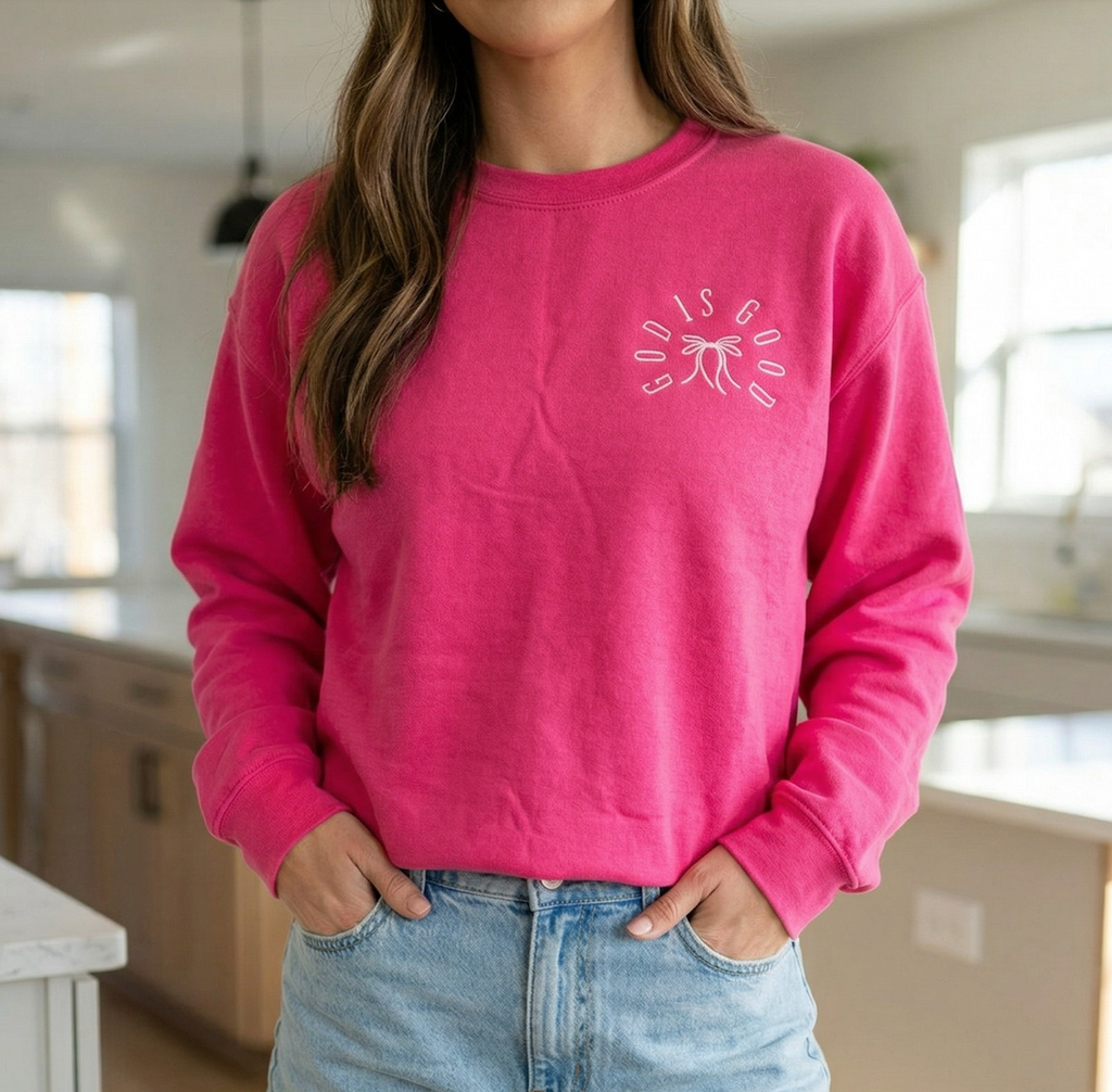 Embroidered God Is Good Bow Christian Sweatshirt