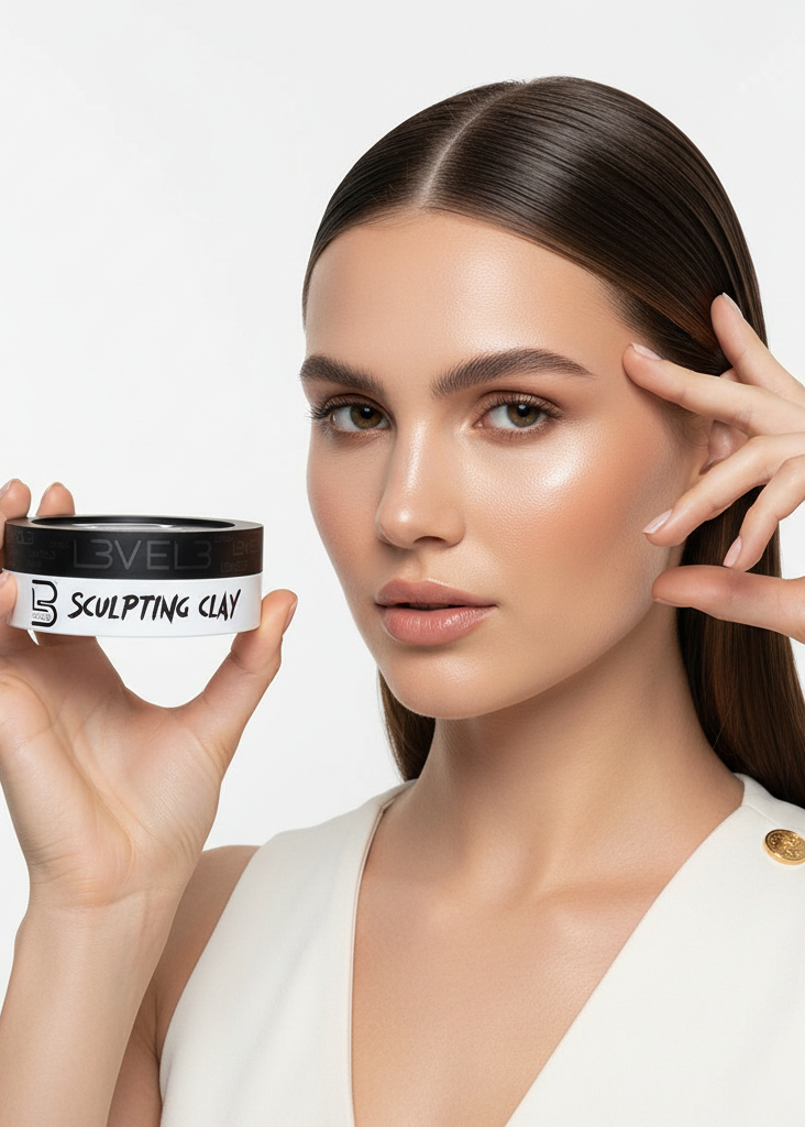 A woman with long dark brown hair holds a black jar labeled 'LEVEL3 SCULPTING CLAY' in her right hand, while touching her face with her left hand, against a clean white studio background.