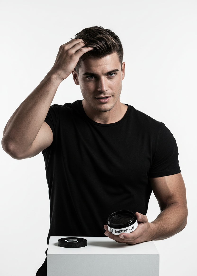 A man in a black t-shirt holds a jar of 'Sculpting Clay' in his hand, with the black lid resting on a white pedestal in front of him against a clean white background.
