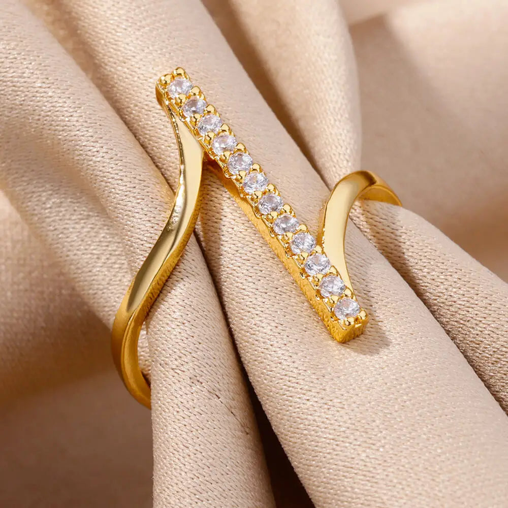 Zircon Geometric Rings For Women Gold Color Stainless Steel Opening Ring Luxury Wedding Party Aesthetic Jewerly Gift Femme 2024