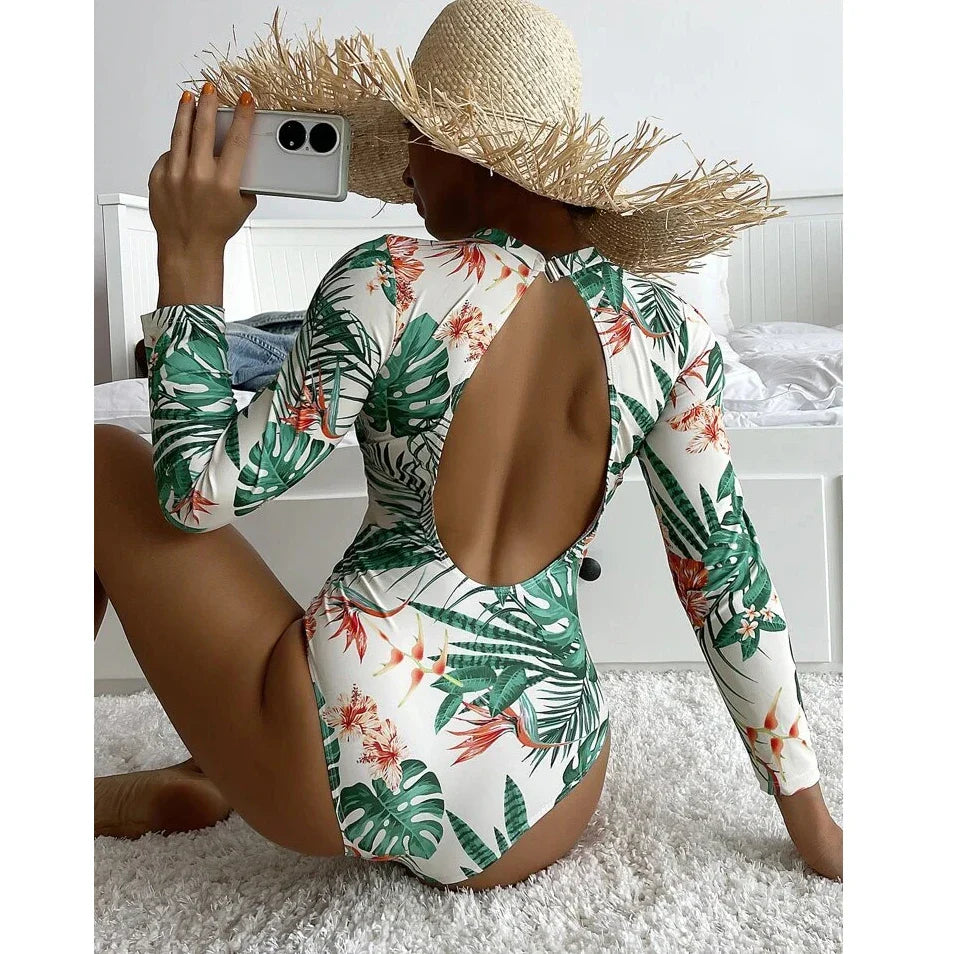 Zayn Long Sleeve Tropical Print One-Piece Swimsuit - Image 4