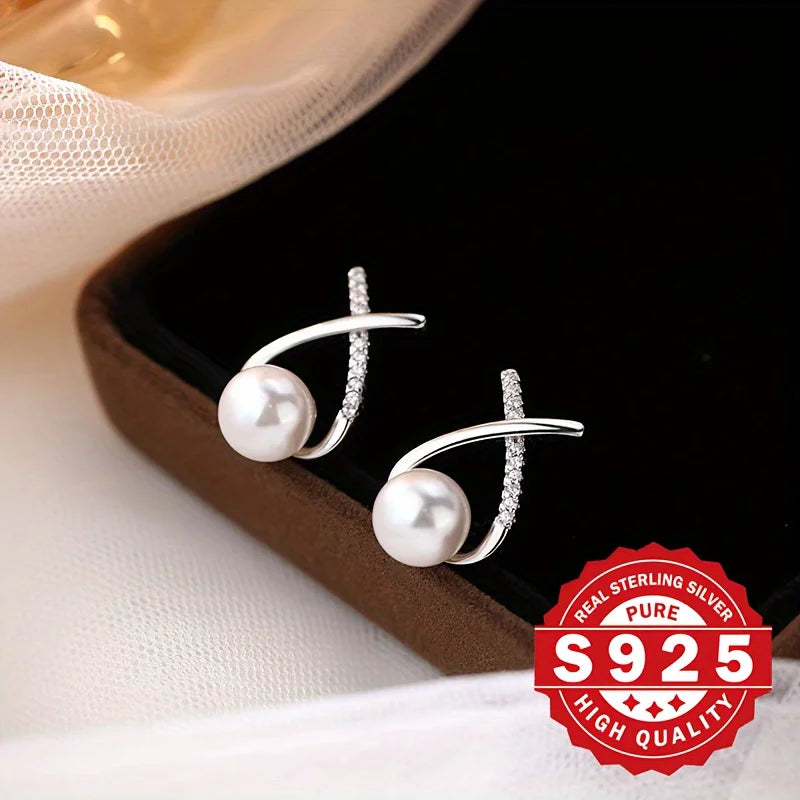 S925 silver, women's cross-tail shellfish pearl earrings, inlaid with synthetic zircon, elegant and suitable for daily wear