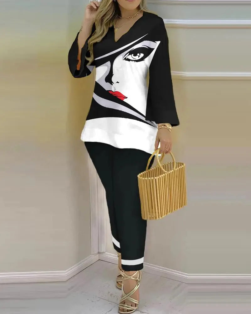 Women Printed V-Neck Long Sleeve Top and Pant Two Piece Set - Image 17