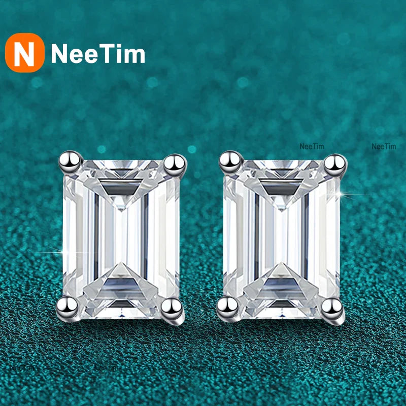 NeeTim 0.5CT 1CT 2CT Emerald Radiant Cut Moissanite Studs Earrings for Women Lab Diamond 925 Sterling Silver Earring Jewelry