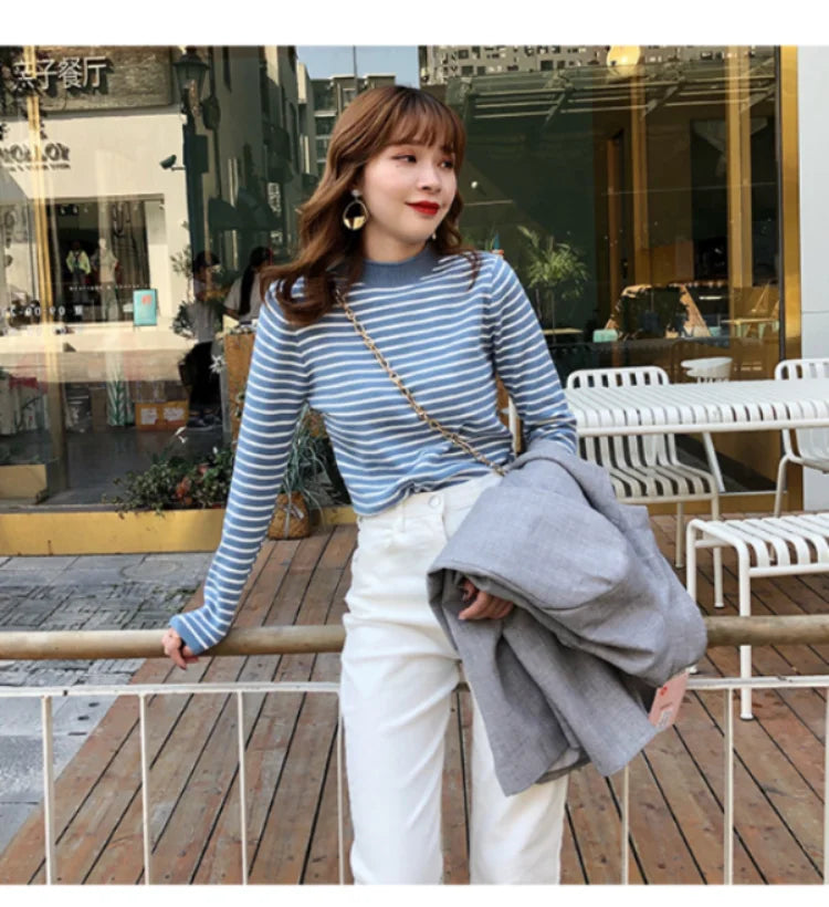 Women Striped Mock Neck Long Sleeve Ribbed Knit Pullover Sweater - Image 4