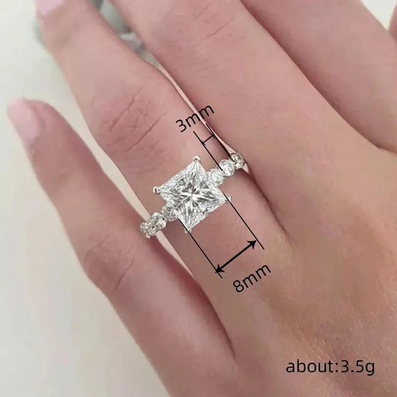 925 Sterling Silver Eternity Princess Square Cubic Zirconia Crystal Rings Women's Wedding Engagement Luxury Classic Lady Jewelry