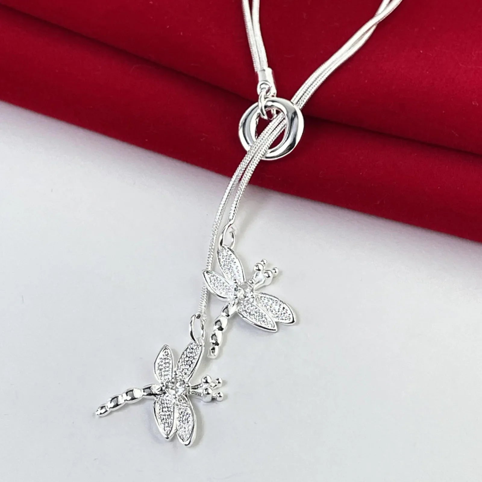 925 Sterling Silver Two Dragonfly Pendant Necklace For Women Snake Chain Necklace Wedding Engagement Jewelry