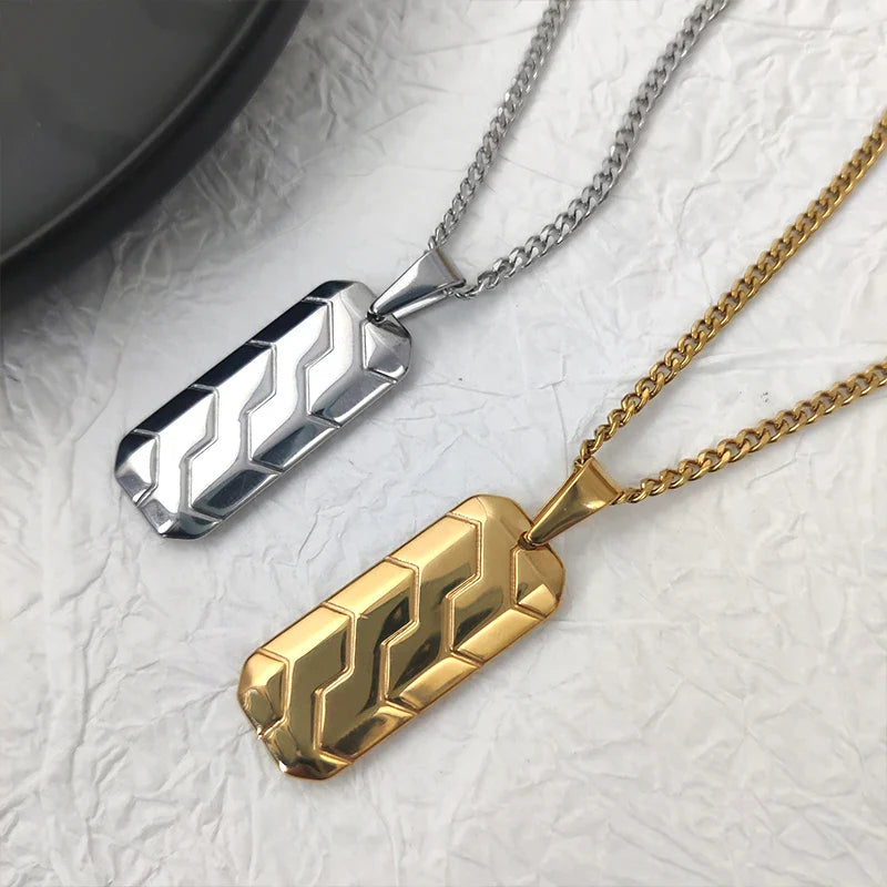 Hot Sale 18K Gold Plated Stainless Steel Mens Jewelry Classic Men's Necklace Square Tire Patterns Pendant Hip Hop Necklace