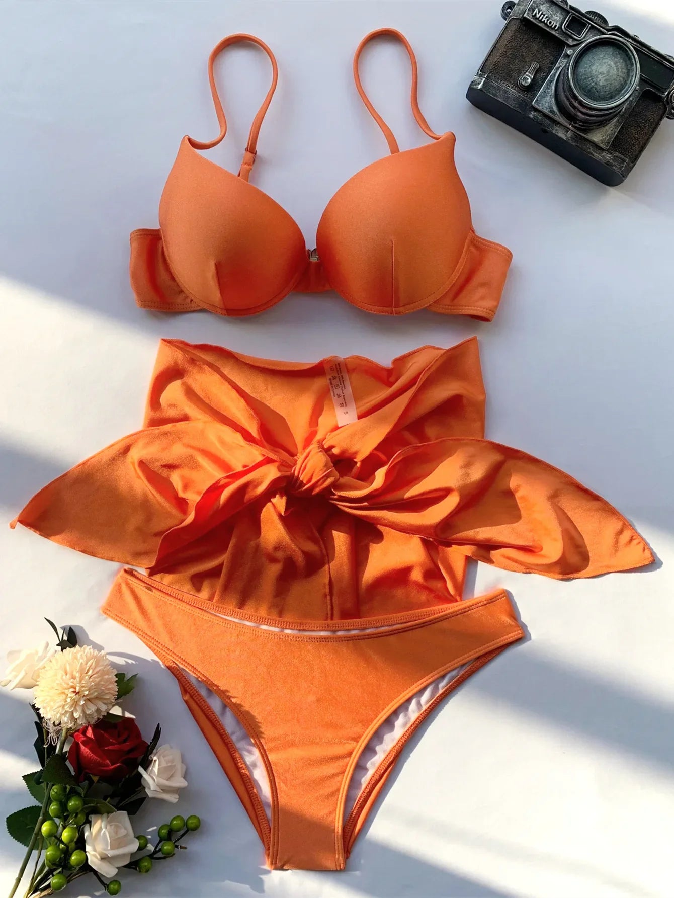 Women Solid Push Up Underwire Three Piece Bikini Swimwear Set - Image 5