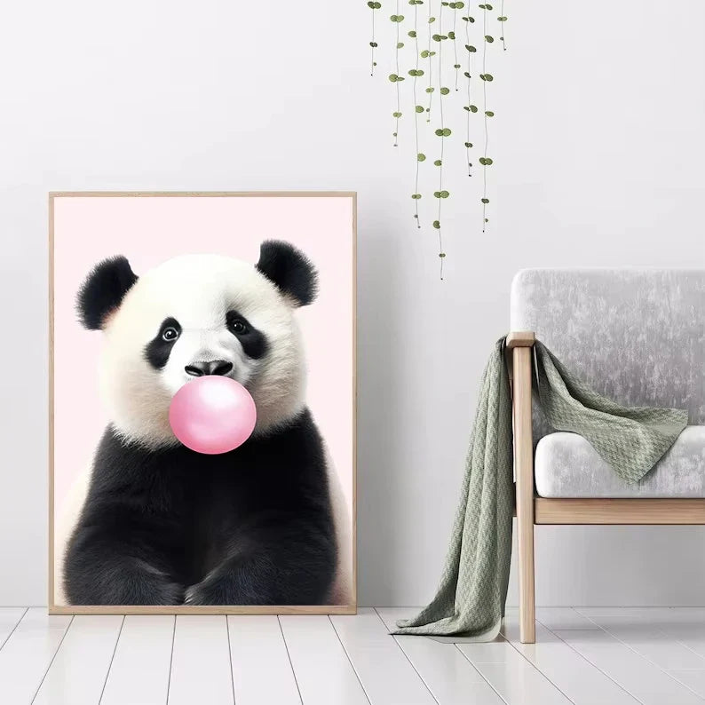 Cute Pink Panda Giraffe Bunny Cheetah Zebra Blowing Bubble Gum Poster Nursery Canvas Painting for Kids Room Animal Print Decor