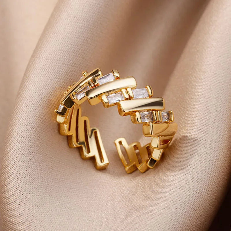 Zircon Bar Rings For Women Gold Plated Stainless Steel Bar Opening Ring 2023 Trending Luxury Wedding Aesthetic Jewelry anillos