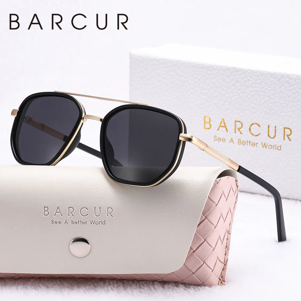 Trendy women's polygon frame sunglasses with striped detailing and polarized lenses