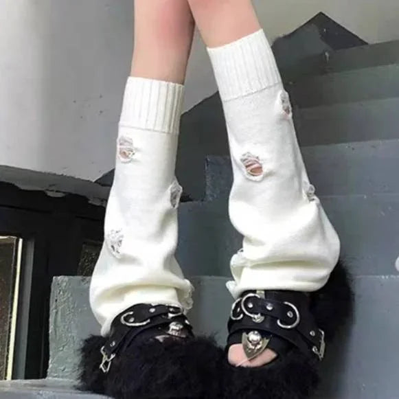 Y2K Punk Knitted Leg Warmers Black White Heart Star Argyle Style - Image 11