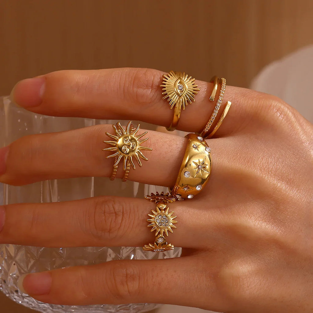 Stainless Steel Tiny Zircon Rings For Women Exquisite Gold Color Sun Double-Layer Ring Punk Hip-Hop Accessory Bague Jewelry Gift