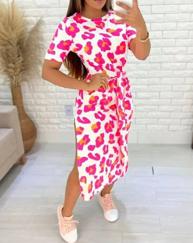 Women's Leopard Print Midi Dress with Side Slit and Tie Waist - Image 17