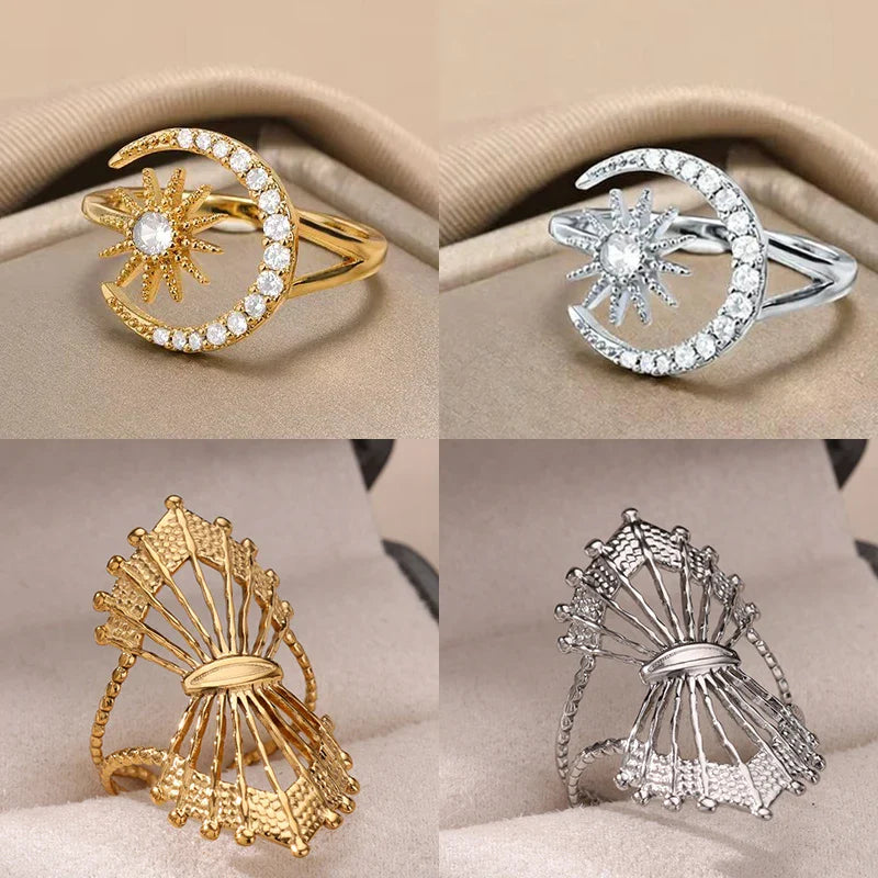 Zircon Star Moon Rings For Women Gold Color Stainless Steel Geometric Star Moon Ring Engagement Wedding Christmas Jewelry Gift
