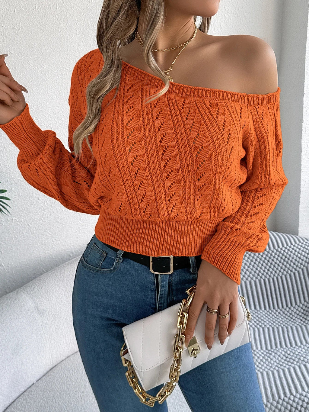 Women Off Shoulder Knitted Long Sleeve Pullover Sweater - Image 10