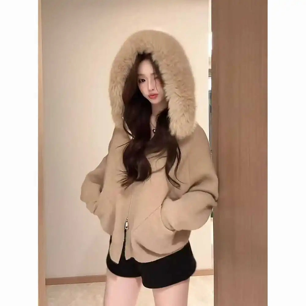 Women's Loose Hooded Faux Fur Trim Zipper Jacket - Image 5