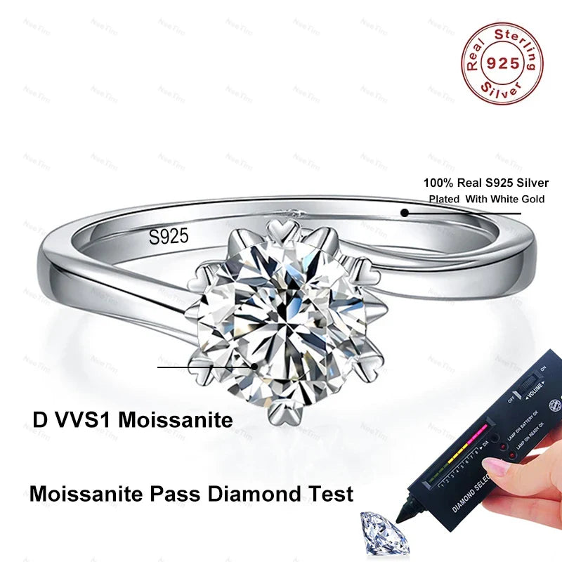 NeeTim 0.5ct-2ct Moissanite Ring Lab Diamond Ring for Women S925 Silver Snowflake Engagement Wedding Band Jewelry Certified