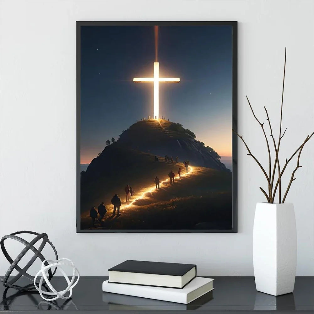Modern Christian Cross On The Top Of The Mountain Wall Art Canvas Painting Jesus Believers Posters For Room Home Church Decor