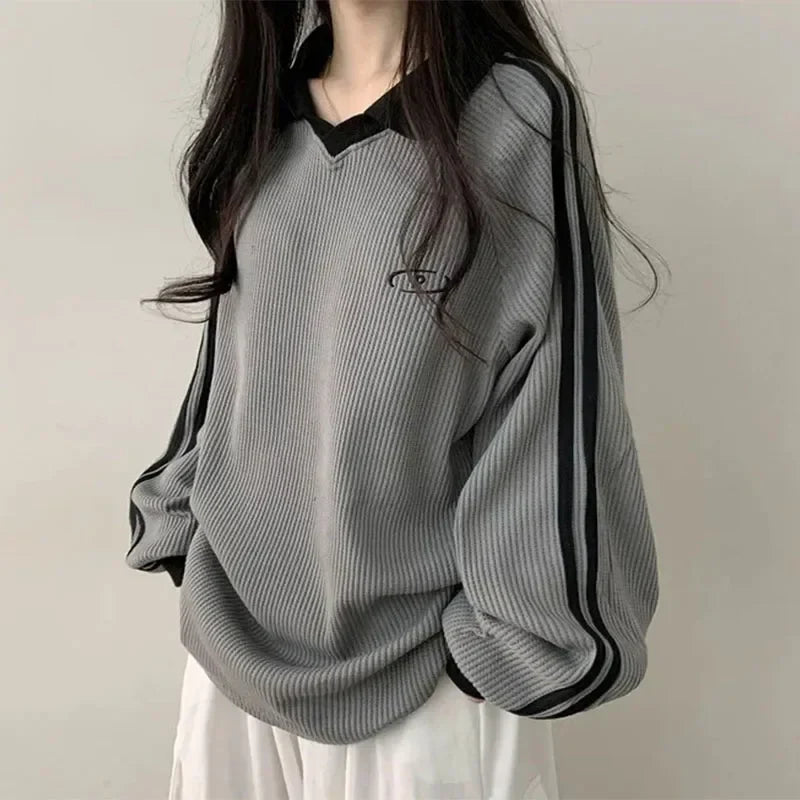 Women Long Sleeve Polo Pullover Sweater Striped Casual Top - Image 20