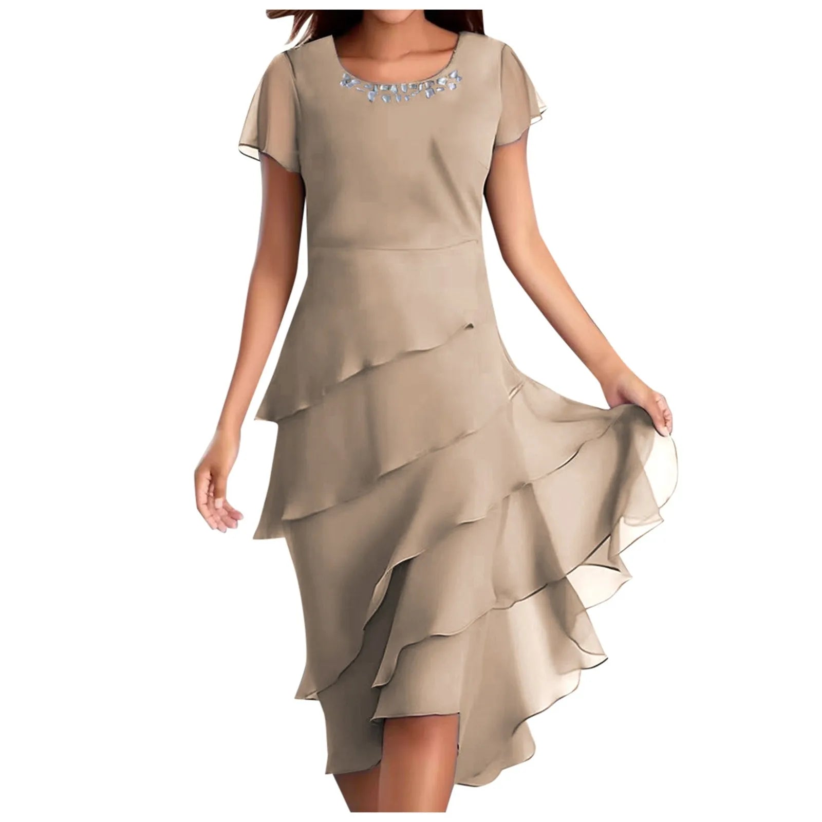 Women's Round Neck Chiffon Layered Midi Dress in Dusty Blue - Image 8