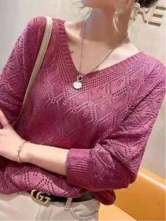Women's V-Neck Crochet Hollow Knit Pullover Sweater Long Sleeve - Image 3