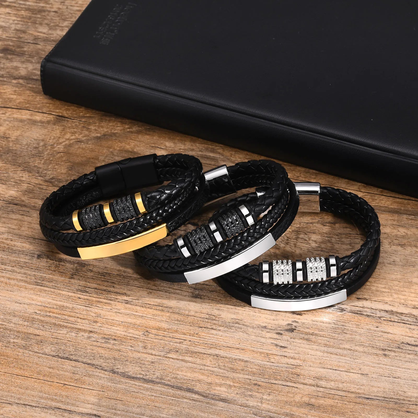 Vnox Personalized Braided Leather Bracelet for Men Handmade Triple Woven Pu Leather Bracelet Custom Name Text Jewelry Gifts