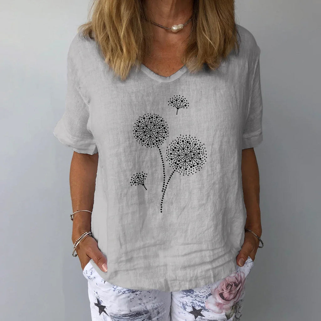 Women Dandelion Print Cotton Linen Blend Short Sleeve V-Neck Top - Image 4