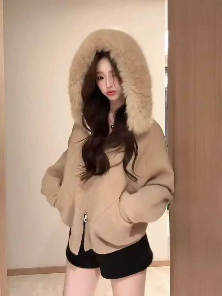 Women's Loose Hooded Faux Fur Trim Zipper Jacket - Image 10