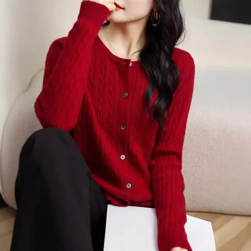 Long Sleeve Knitted O-neck Basic Thick Warm Cardigan
