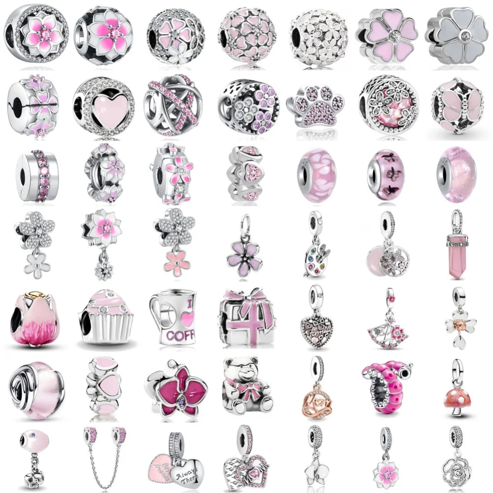 Hot selling 925 silver pink series flower dog paw heart-shaped pendant, Fit original bracelet DIY accessories, exquisite jewelry