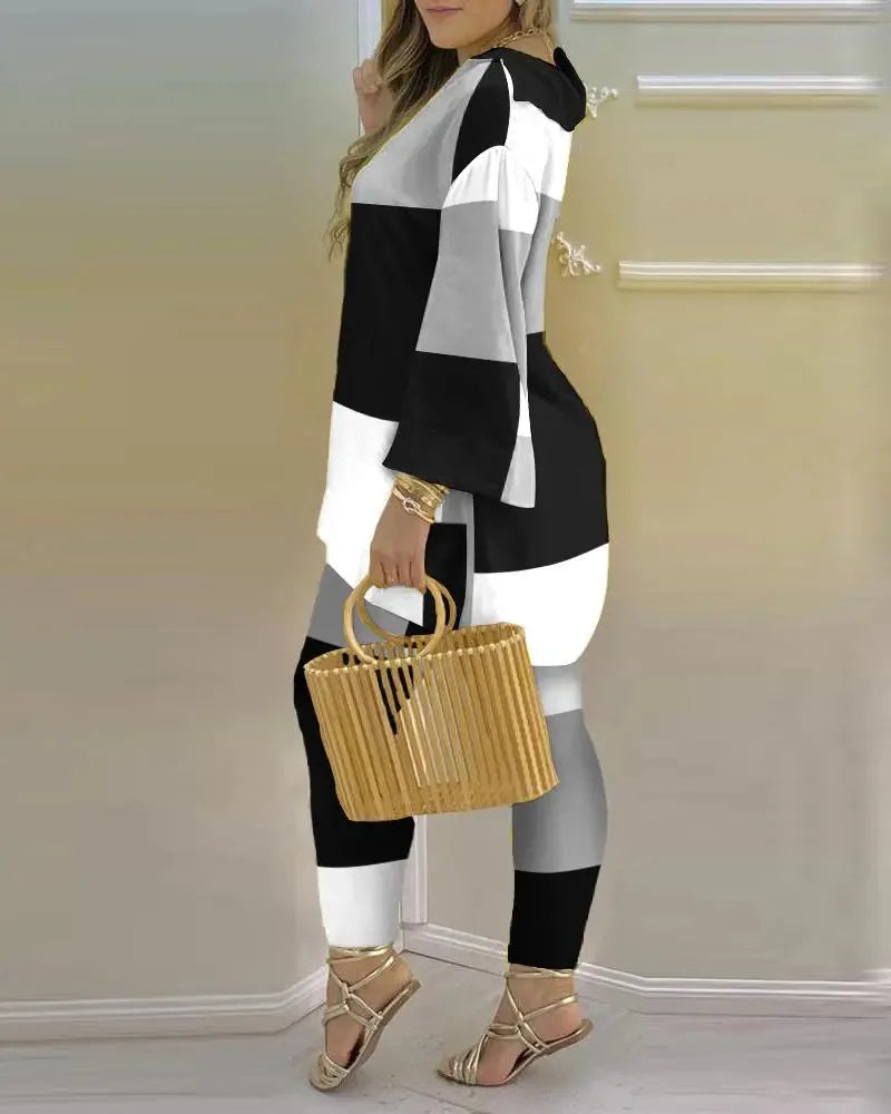 Women Printed V-Neck Long Sleeve Top and Pant Two Piece Set - Image 12
