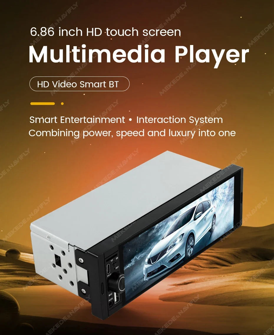 1-DIN Car Stereo with 6.86" Touch Screen – Wireless CarPlay & Android Auto