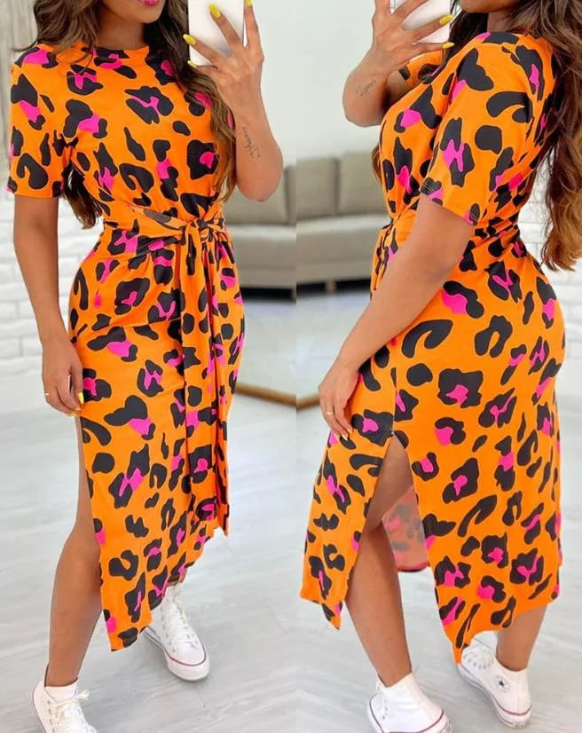 Women's Leopard Print Midi Dress with Side Slit and Tie Waist - Image 13