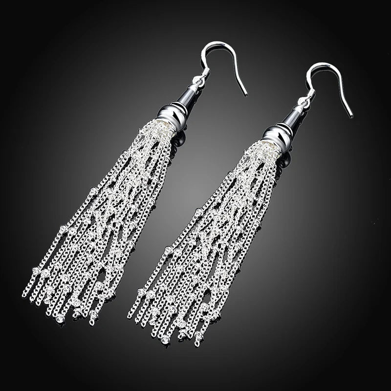 Aravant 925 Silver Multi Chain Long Tassel Drop Earrings For Women Wedding Jewelry