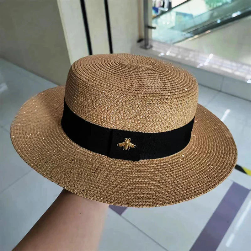 Women’s Straw Fedora with Metallic Bee Accent